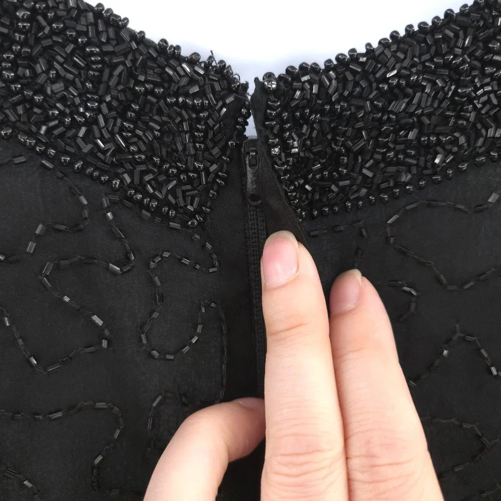 Laurence Kazar Beaded Silk Maxi Dress Women PM Black‎ Vintage Evening Gown